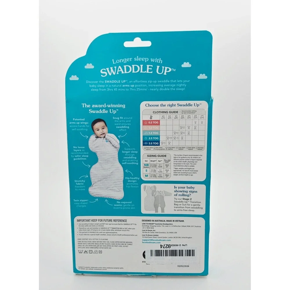 Love To Dream Swaddle Up Stage 1 Newborn 5-8.5 lbs Grey 1.0 TOG Stretch Cotton